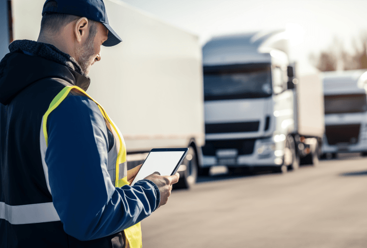 Lorry driver checking business route planning software