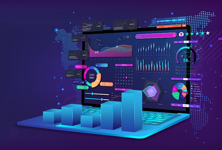 Business analysis and analytics online through the application on a laptop. Dashboard app with business analytics data, charts, investment, trade and finance management.