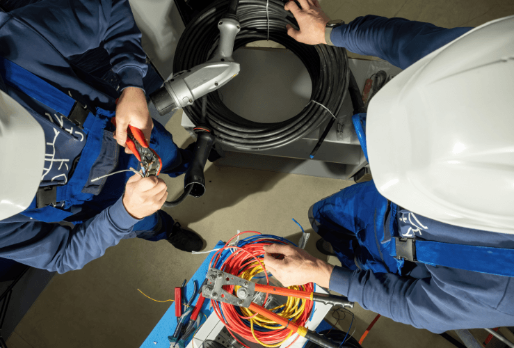 Engineers installing an EV charger