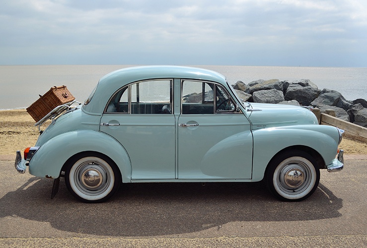 Morris Minor on beach