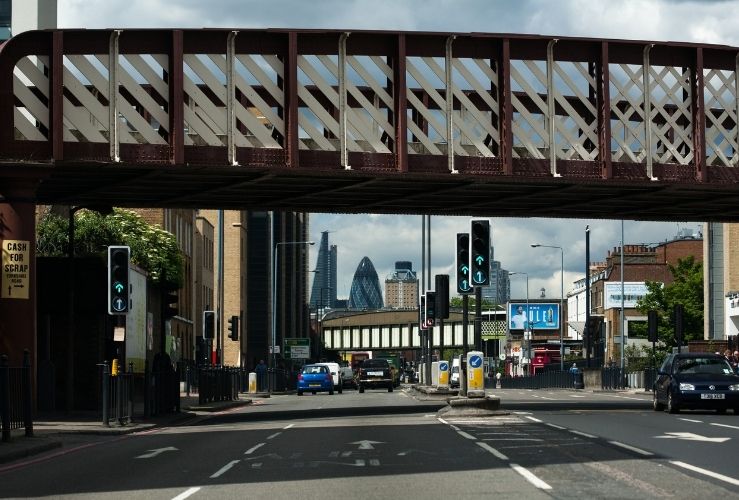 Road in London with Gherkin in background